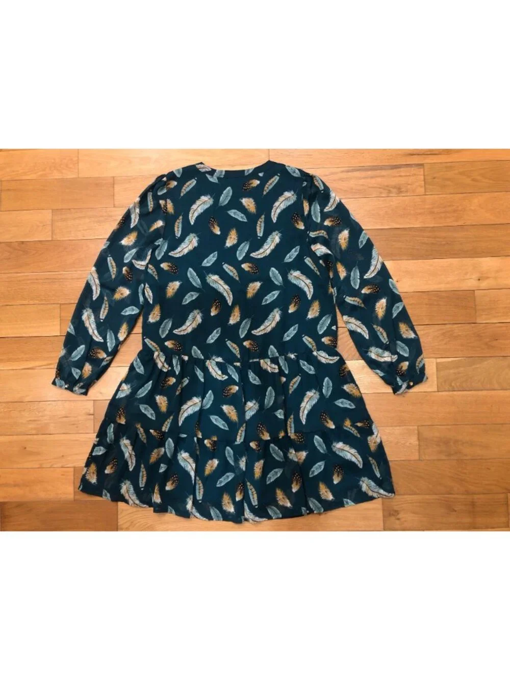 NWT Loft Turquoise Feather Print Drop Waist Dress Sz S Flowy Boho Chic Elegance